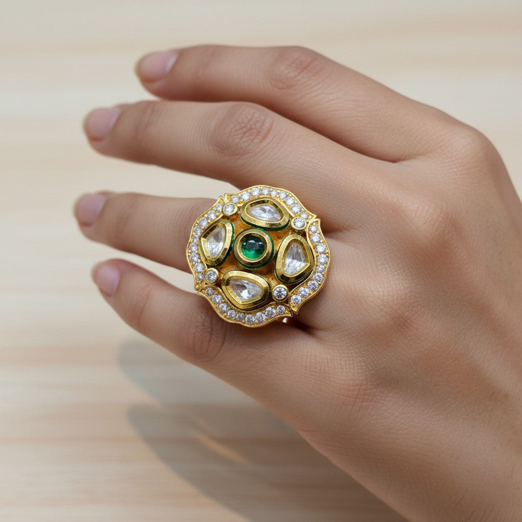 Emerald Centred Kundan Polki Halo Ring