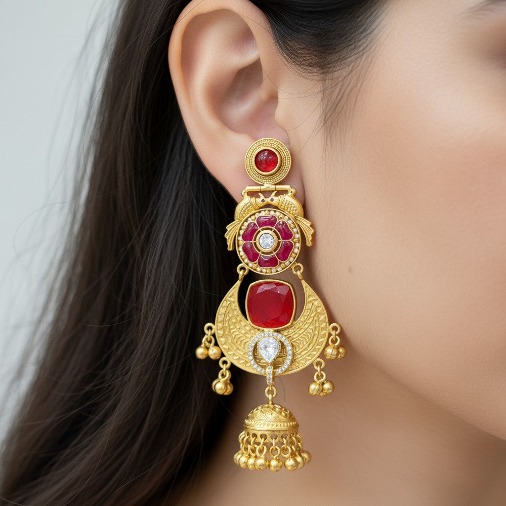Regal Ruby Blossom Jhumka Earrings