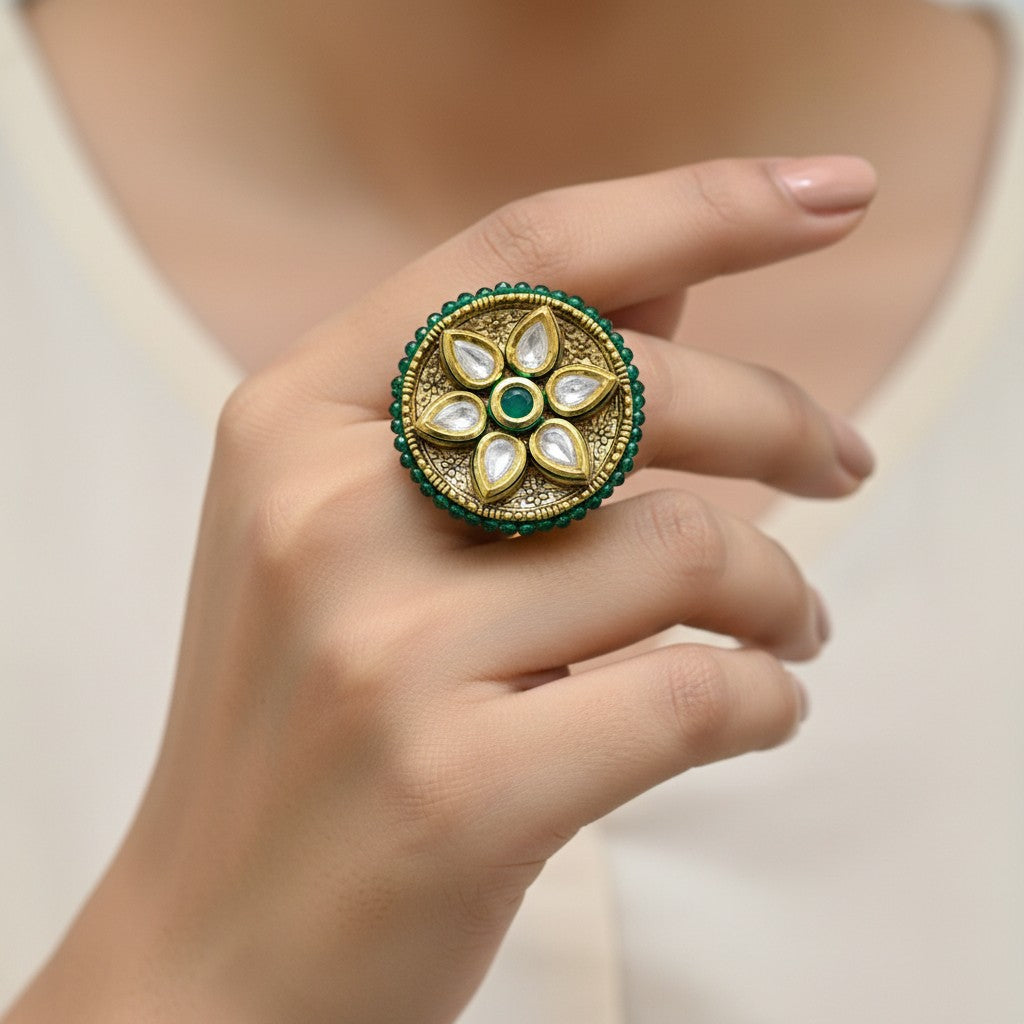 Green Kundan Floral Adjustable Ring