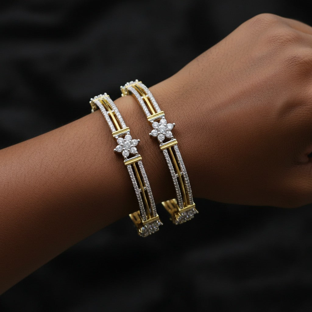 Gold-Plated Floral Diamond-Cut Kada Bangles
