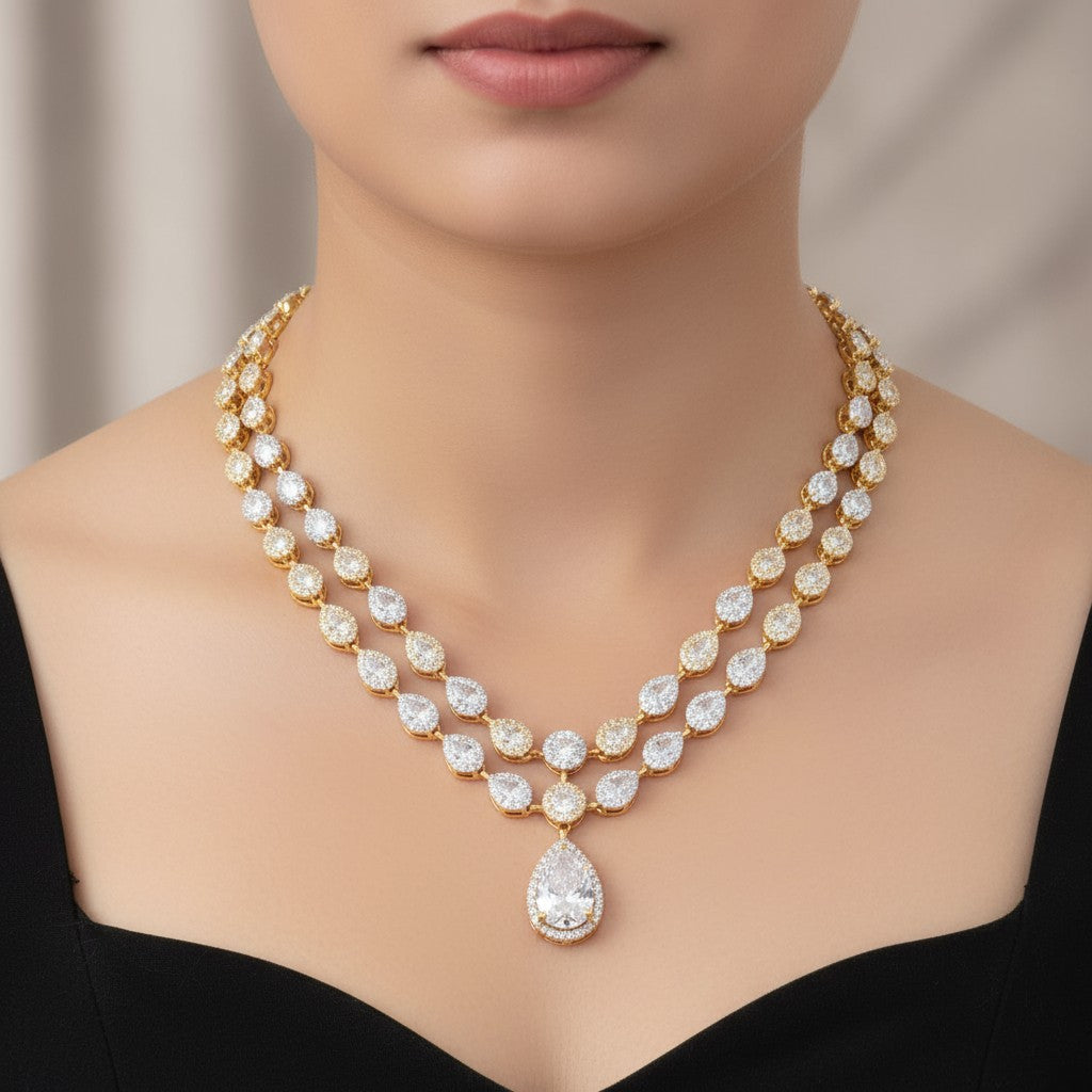Elegant Double-Layer American Diamond Necklace Set