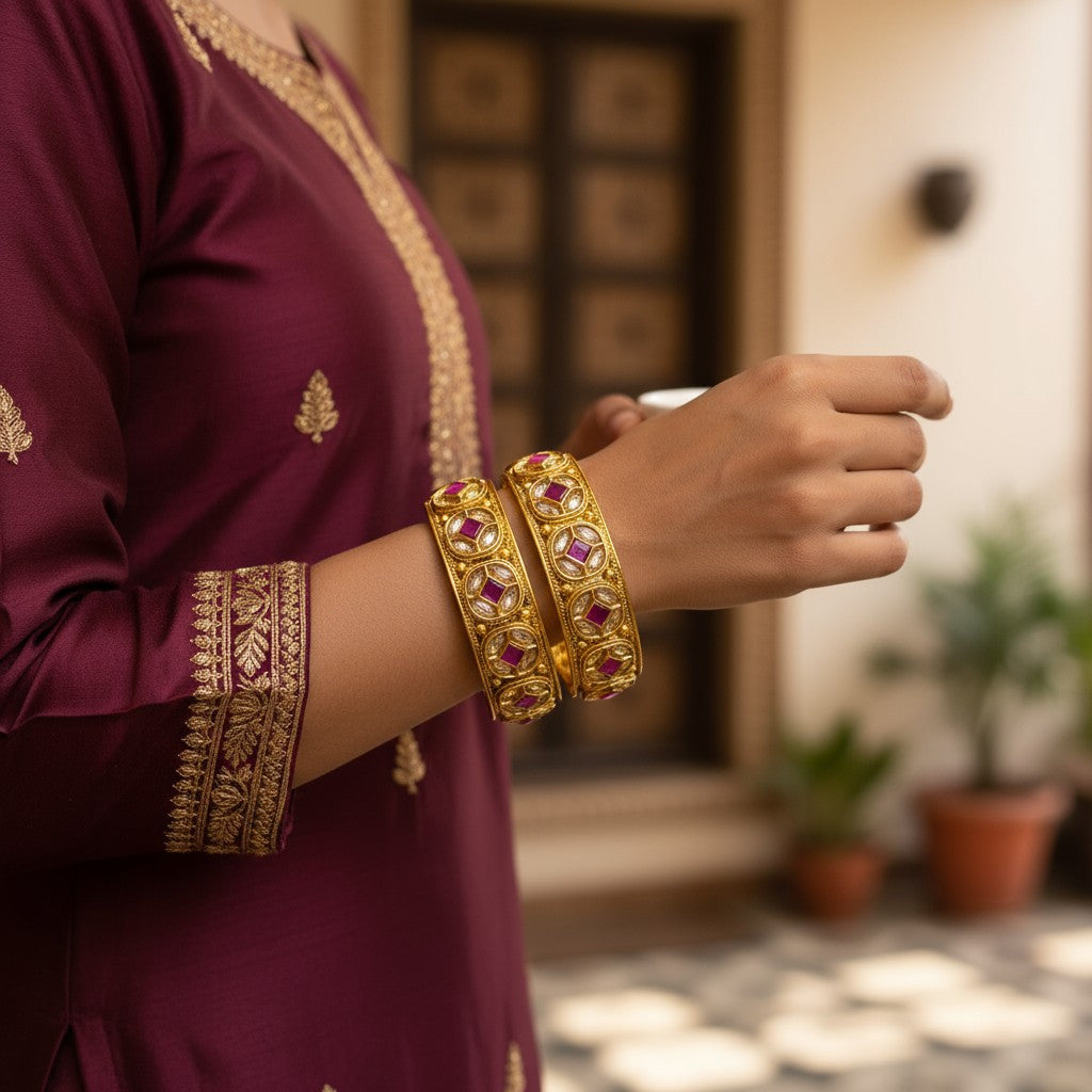 Regal Ruby & Kundan Broad Bangles