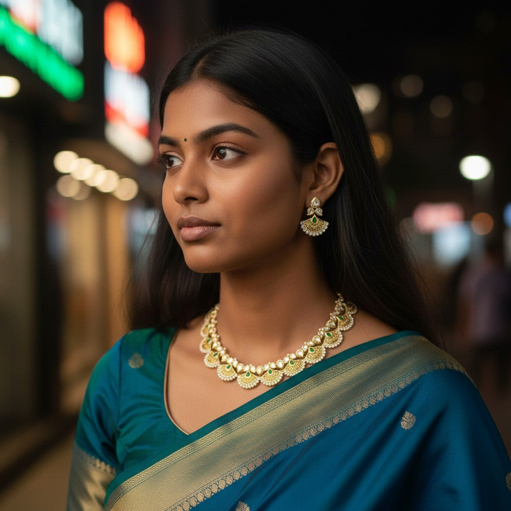 Emerald Fan Kundan Necklace Set