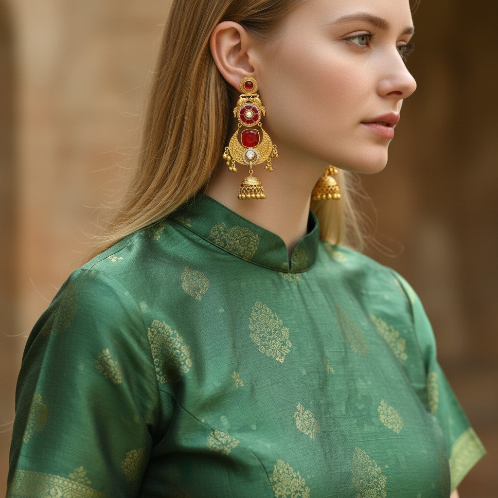 Regal Ruby Blossom Jhumka Earrings