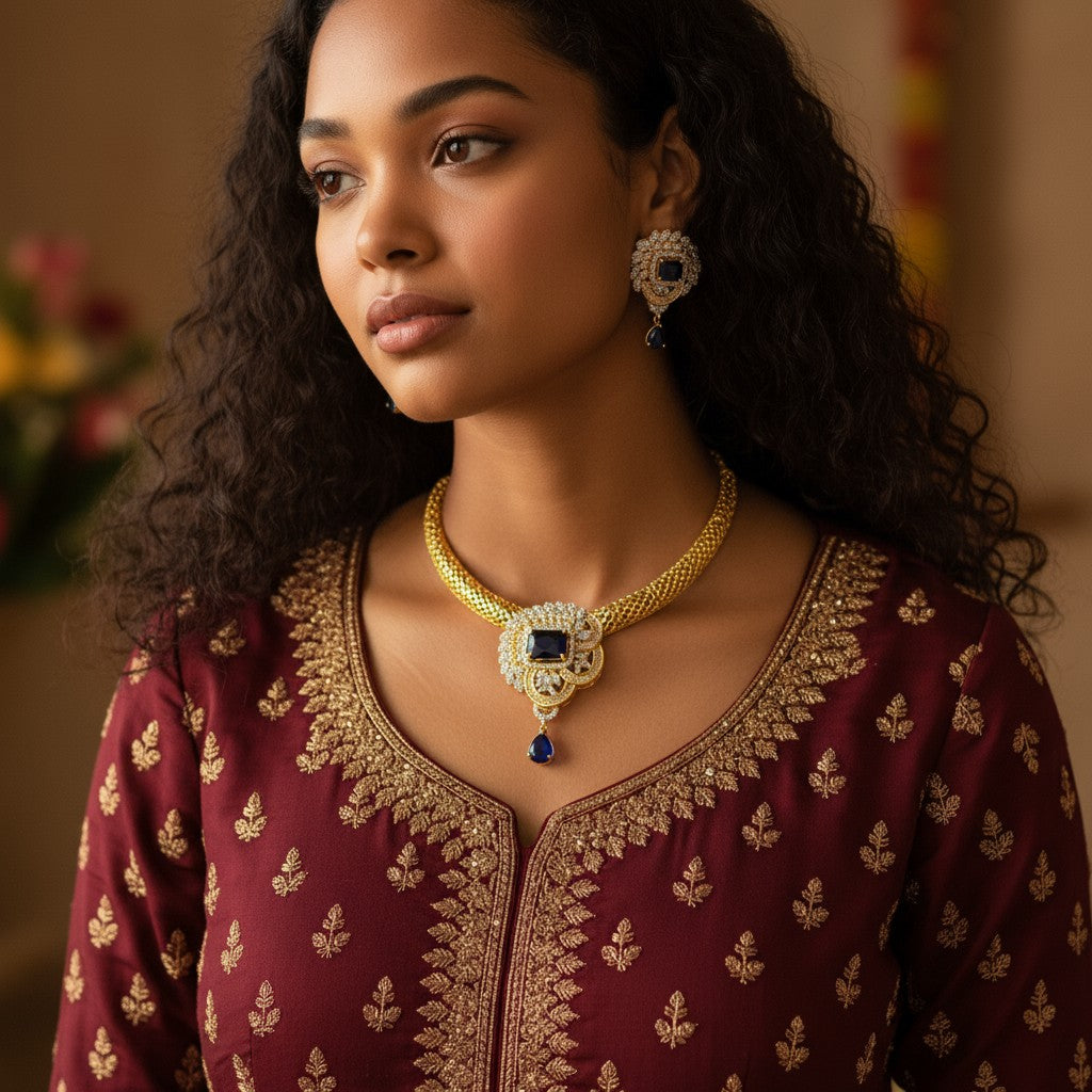 Regal Sapphire Golden Necklace Set