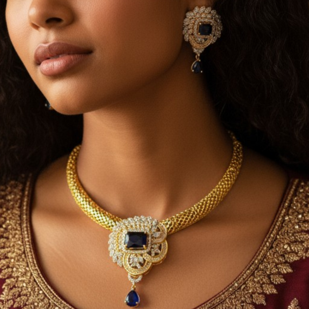Regal Sapphire Golden Necklace Set