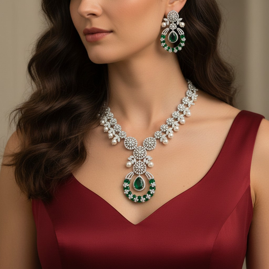 Luxury Emerald & American Diamond-Studded Set
