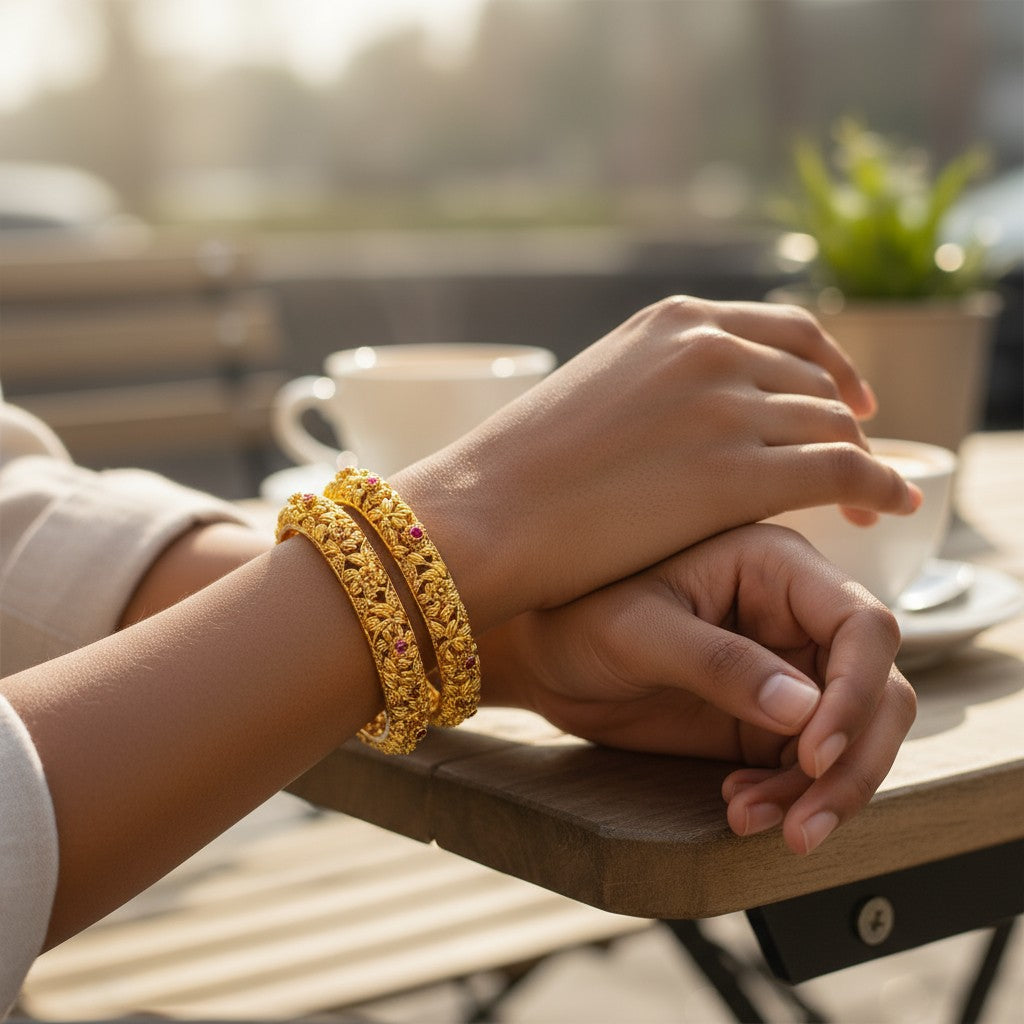 Floral Ruby Antique Golden Bangles