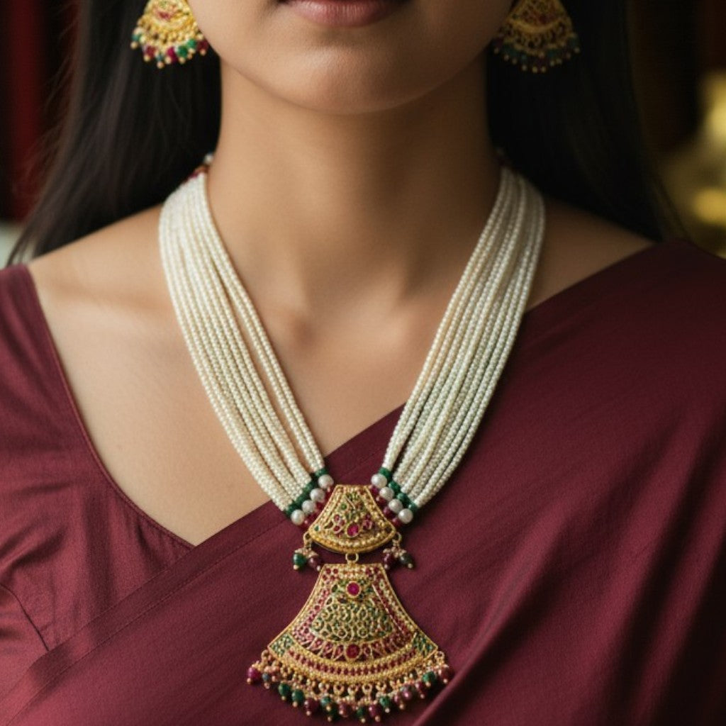 Traditional Temple Design Jadau Necklace Set with Jhumka Earrings