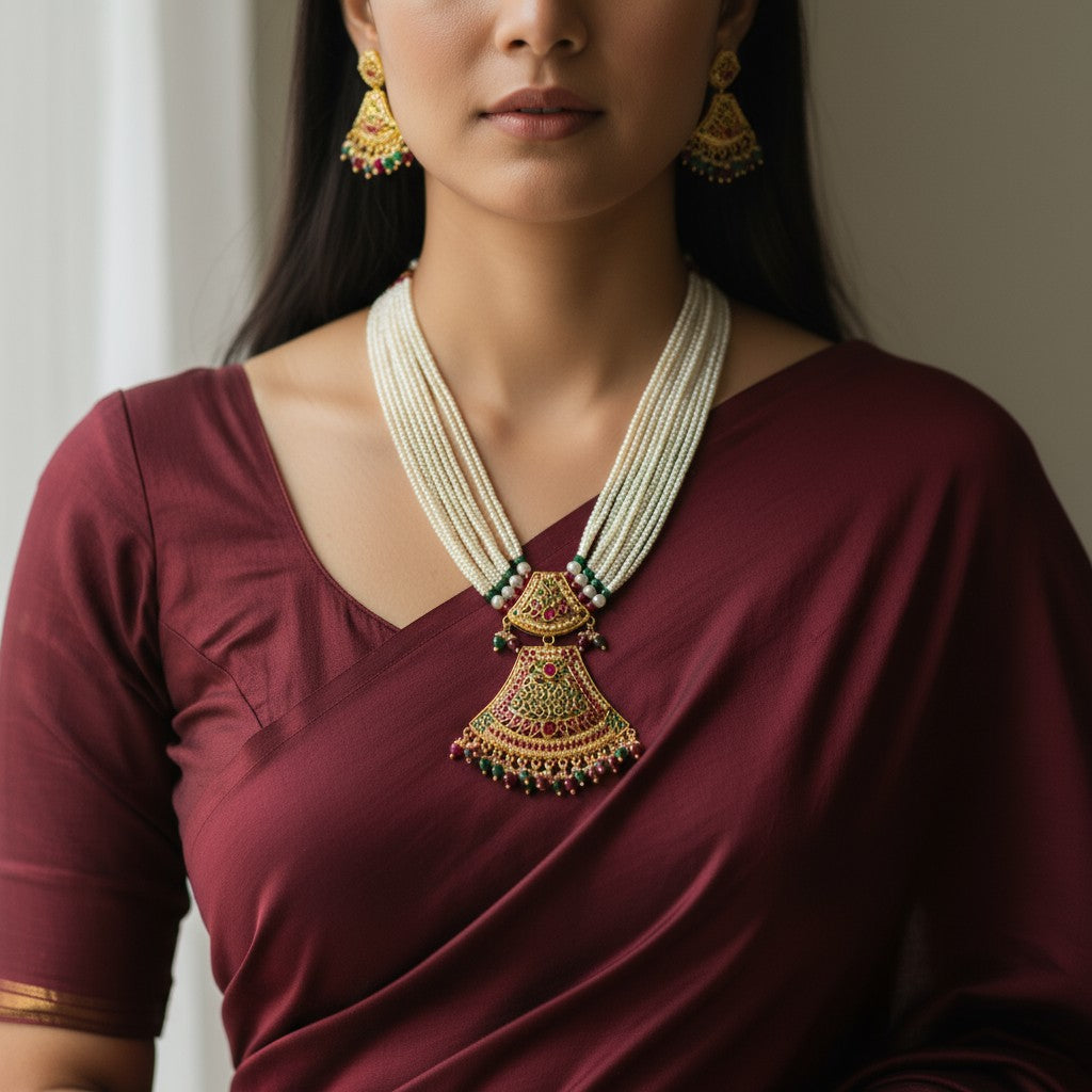 Traditional Temple Design Jadau Necklace Set with Jhumka Earrings