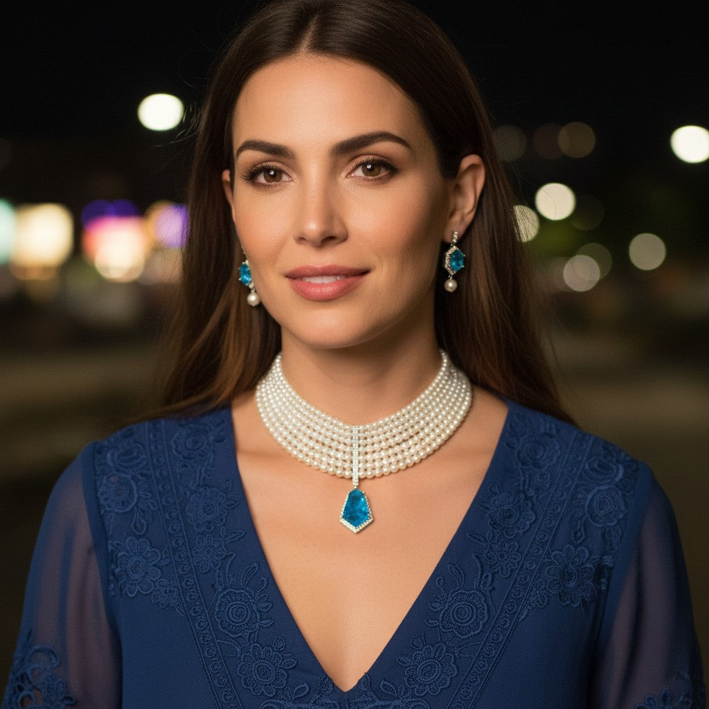 Azure Hexa Pearl Choker Set