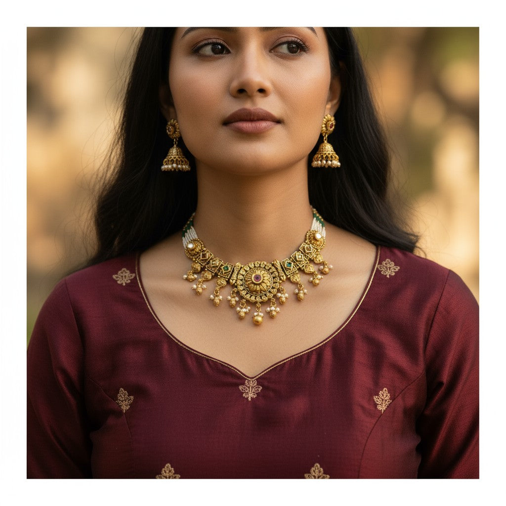 Temple-Inspired Choker Necklace Set with Pearl Drops