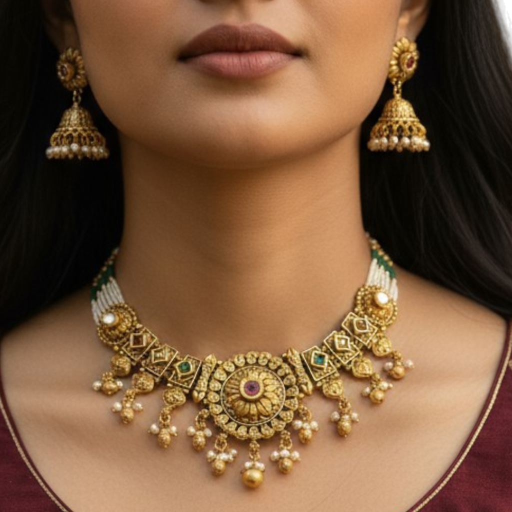 Temple-Inspired Choker Necklace Set with Pearl Drops