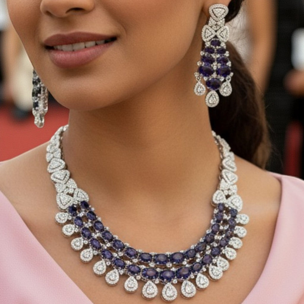 Royal Midnight Sapphire American Diamond Necklace Set