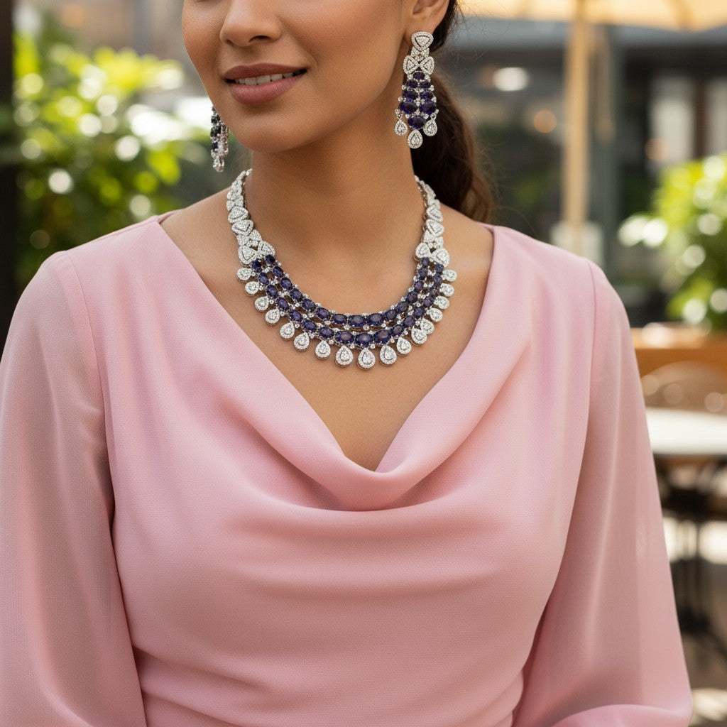 Royal Midnight Sapphire American Diamond Necklace Set